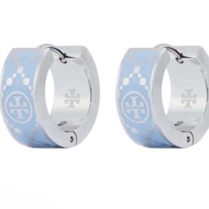 NIP Tory Burch T Monogram Blue Enamel & Silver Plated Logo Huggie Earrings